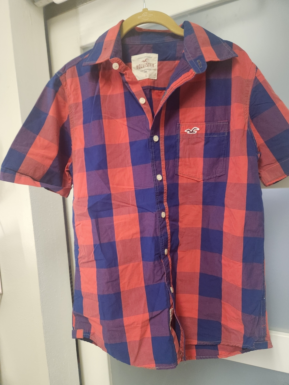 Hollister Men's Short-Sleeve Red and Blue Plaid Button-Down Shirt